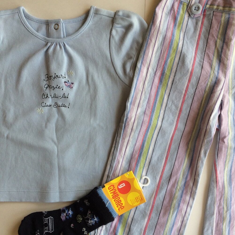 Gymboree European Holiday Shirt Pants 18-24mo Outfit Socks blue lavender stripe